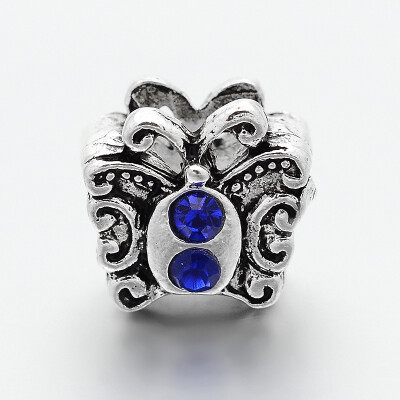 

Antique Silver Plated Alloy Rhinestone Large Hole European Butterfly Beads Sapphire 11x115x9mm Hole 4mm