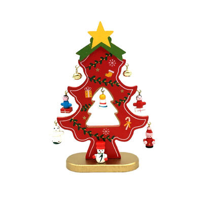 

Christmas Decor Supplies Small Wooden Xmas Tree With Cute Cartoon Pendants Tabletop Ornament
