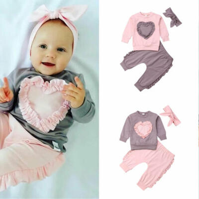 

UK Newborn Baby Girl Kid Long Sleeve Tops Pants Headband Love Shape Clothes Sets