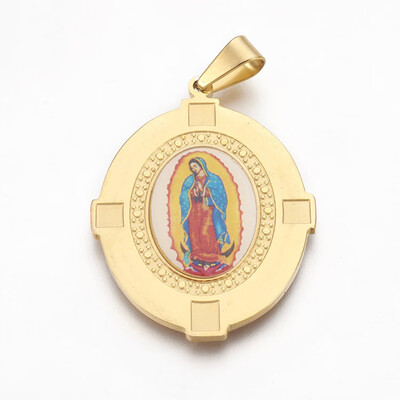 

304 Stainless Steel Pendants Oval with Virgin Mary Colorful Golden 44x33x25mm Hole 45x8mm