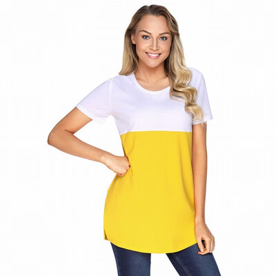 

Two-color stitching round neck short-sleeved pocket sports casual chic shirt womens