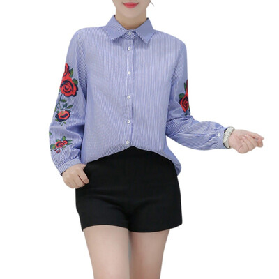 

Womens Long Sleeve Lovely Tops Floral Embroidered Shirt Striped Casual T Shirt Lady Tops
