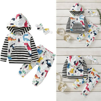 

New Baby Boy Dinosaur Striped Hoodie Tops Pants Outfits Sweatshirt Tracksuit