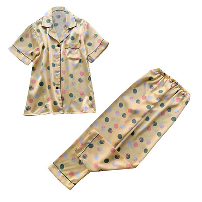 

Toponeto Women Simulation Silk Wave Point Print Sleepwear Long Trousers Nightwear Set