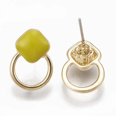 

Alloy Stud Earrings with Enamel Rhombus with Ring Light Gold LightKhaki 155x11mm Pin 07mm