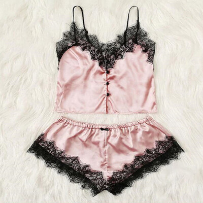 

New Women 2PCS Set Jumpsuit Sexy Lingerie Pajamas Sets Crop Tops Shorts Pink