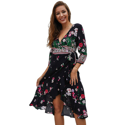 

Women Summer National Style Slim Sexy V Collar Long Sleeve large Swing Retro Print Long Dress