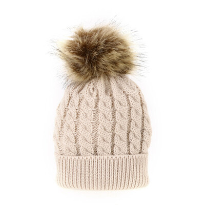

Mom Baby Kid Warm Raccoon Fur Bobble Beanie Cotton Knitted Parent-Child Hat