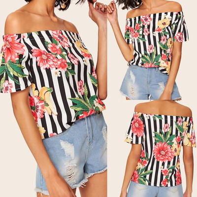 

Starmoon Womens Fashion Off Shuolder Short Sleeve T-Shirts Tops Stripe Printing Blouse