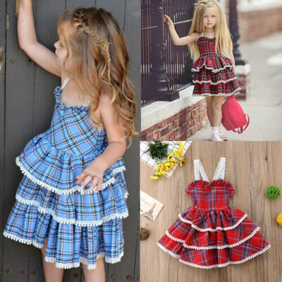 

Toddler Kids Baby Girl Dress Lace Plaid Tutu Layered Party Dress Summer Sundress