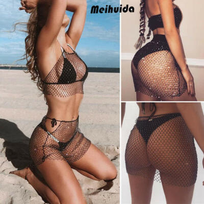 

New Sexy Fishnet Bling Diamante Crystal Dress Beach Cover Up Club Party Bling