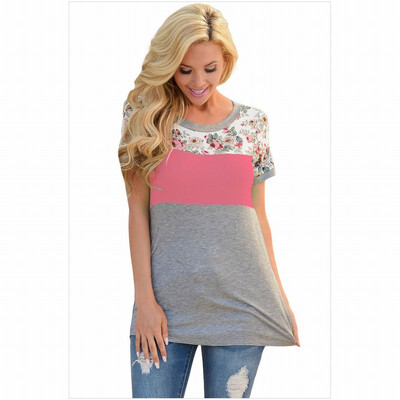 

Three-layer color block round neck short-sleeved floral print straight T-shirt top