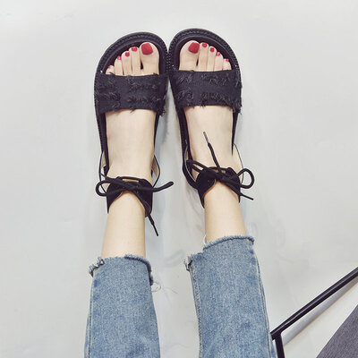 

Soft-soled&thick-soled sandals for women summer straps Korean version of 100 sets of frosted flat-soled student high-top Roman