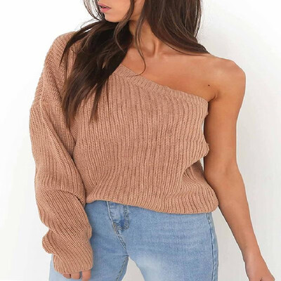 

Solid Long Sleeves Oblique Asymmetrical Knit Sweater