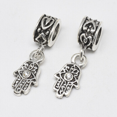 

Alloy European Dangle Beads with Rhinestones Large Hole Pendants Long-Lasting Plated Buddha Hand Antique Silver Crystal