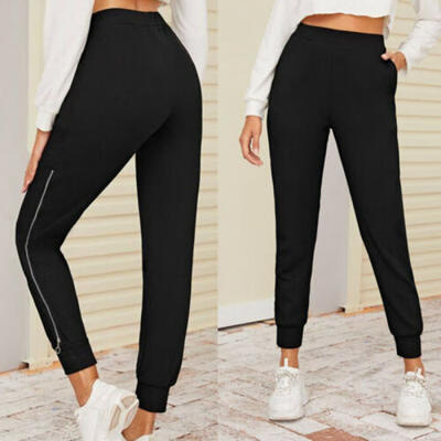 

AU Fashion Women Black Zipper Hem Elastic Waist Yoga Long Sweatpants Trousers