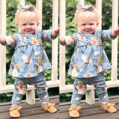 

US Stock Newborn Kids Baby Girls Floral Dress TopLong Pants Leggings Outfit Set
