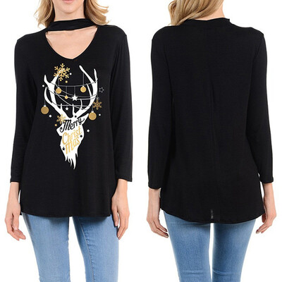 

Nomeni Womens Christmas Printed Long Sleeve T-Shirt Ladies Loose Tops Blouse BKL