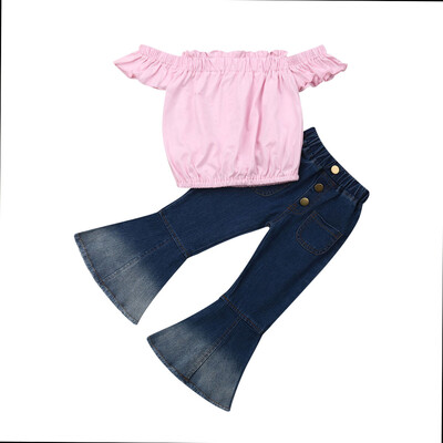 

2Pcs Toddler Kids Baby Girls Off Shoulder Tops Denim Long Pants Jeans Outfit Set
