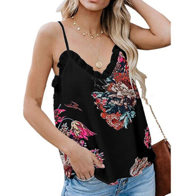 

Womens Sleeveless Spaghetti Strap Floral Print V Neck Lace Stitching Loose Camisole