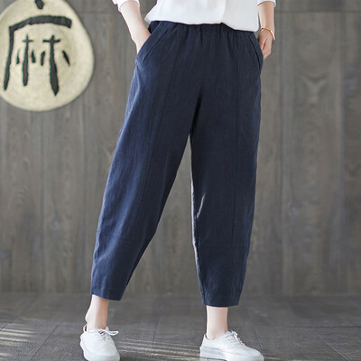 

Fashion Womens Solid Cotton&Linen Pocket Elastic Waist Loose Trousers Pants