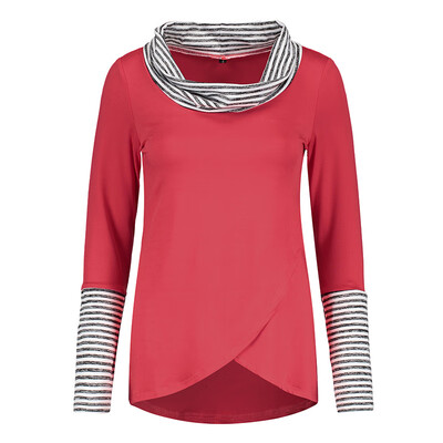 

Women T-shirt Striped Colorblock T-shirts Autumn High-neck Long Sleeves Silm Tops Casual All-match Tops Female shirts