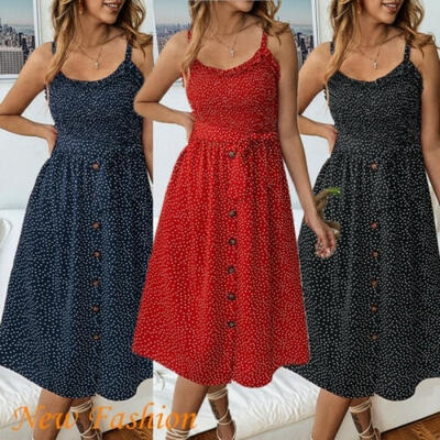 

New Women&39s Sleeveless Chiffon Polka-dot Summer Dress Halter Ruffle Long Strap Dress