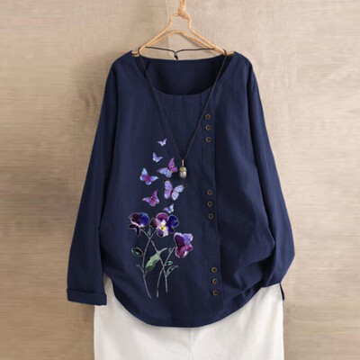 

Roseonmyhand Plus Size Women Long Sleeve Cotton Linen O-Neck Botton Blouse Top T-Shirt