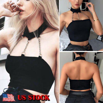 

US Women Punk Sleeveless T Shirt Hollow Metal chain Choker Neck Gothic Top