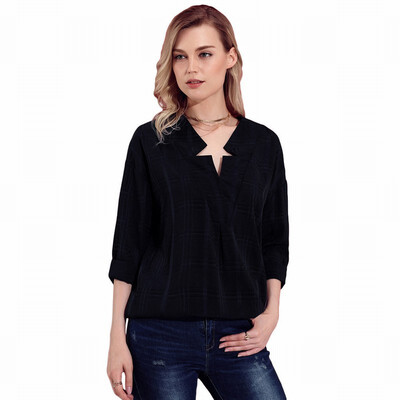 

V-neck long-sleeved plaid plaid thin section casual white-collar blouse top