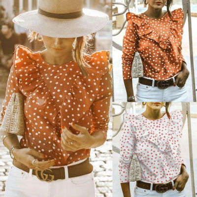 

2019 Womens Polka Dot V-Back Tops Ladies Summer Ruffled T Shirt Top Blouse