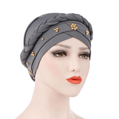 

Solid Color Braid Beads Decor Women Muslim Hijab Turban Head Scarf Cap Hat