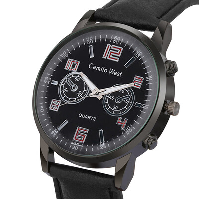 

Gobestart Fashion Business Mens Watch Three-eye Dial Casual Leather Belt Quartz Watch