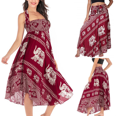 

Roseonmyhand Women Long Hippie Bohemian Gypsy Boho Flowers Elastic Waist Floral Halter Skirt