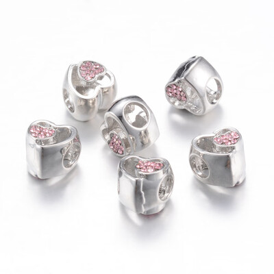 

Alloy Rhinestone European Beads Large Hole Beads Heart Platinum Light Rose 11x11x9mm Hole 5mm