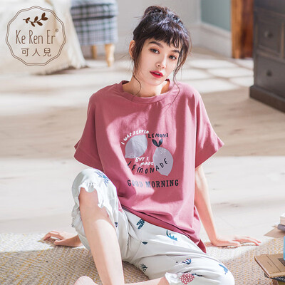 

Can be summer cotton ladies pajamas home service Korean version of the cute short-sleeved cropped trousers cotton home service suit powder