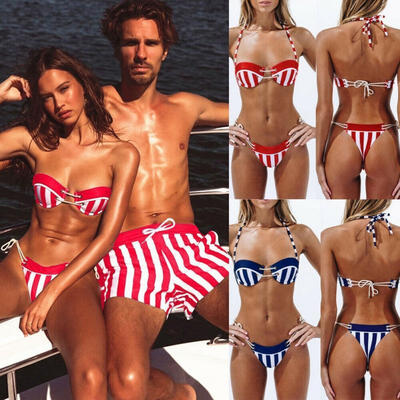 

Couples Swimsuits 2019 Summer New Women Striped Bikini Set Padded Push-up Swimwear Men&39s Trunks Swimming Shorts