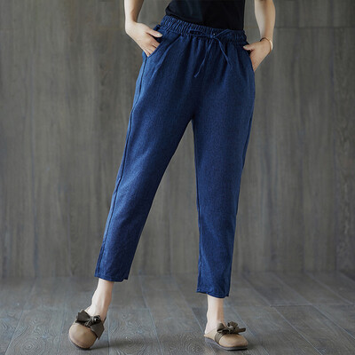 

Women Cropped Pants Elastic Waist Solid Color Slim Fit Casual Trousers XL3XL