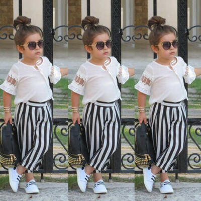 

Baby Girl Kids Summer Toddler Outfits Clothes Lace Tops Stripe Pants 2PCS Set US