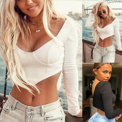 

Sexy V-Neck Crop Tops Women Long Sleeve Vest Backless Tops