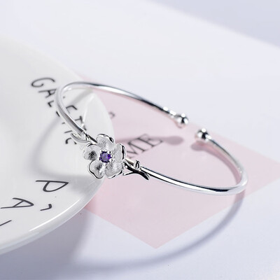 

1Pc Women Pink Cherry Blossom Silver Plated Open Cuff Bracelet Jewelry Creative Gift Bracelet