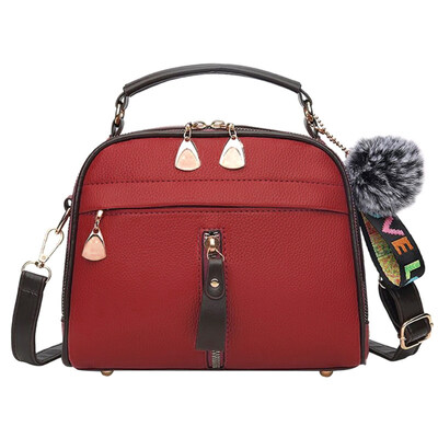 

Women Casual Plush Ball Zip Solid Color Faux Leather Shoulder Bag Handbag Pouch