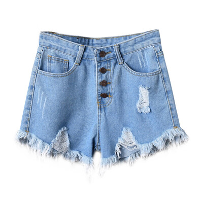 

Women Summer Hole Hot Denim Solid Color High Waist Slim Casual Wide Leg Shorts