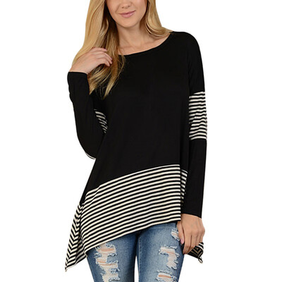 

Casual Long Sleeve T-Shirt Spring Autumn Striped Patchwork Loose Lady Tops Tees