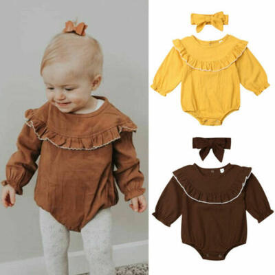 

UK Autumn Newborn Kids Baby Girl Clothes Long Sleeve Romper Headband Outfits Set