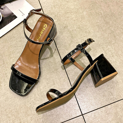 

Spring&summer womens shoes with a square-head rough&sandal high-heel black-painted sandal