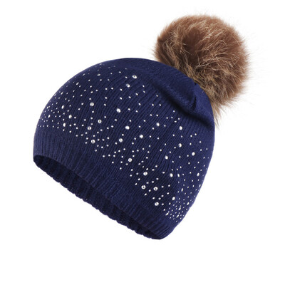 

Tailored Fashion Women Knitting Wool Hemming Hat Rhinestone Keep Warm Winter Fur Ball Cap
