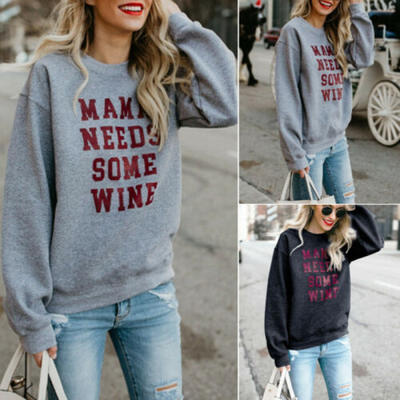 

US Women Lady Long Sleeve Loose Word Print Pullover Blouse Casual Tops T-shirt