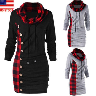 

Womens Long Sleeve High Collar Hoody Sweater Hoodie Dress Loose Casual Long Tops