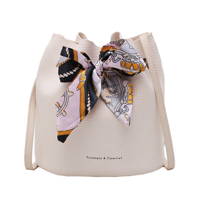 

Women Knotbow Cute Bucket Bag Soft PU Leather Shoulder Bag Crossbody Bags Fashion Scarf Drawstring Handbags T30